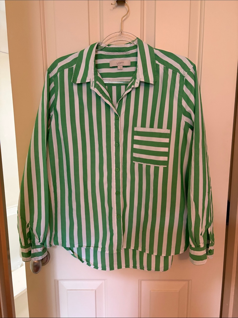 LOFT Green & White Vertical Stripe Button-Down Shirt